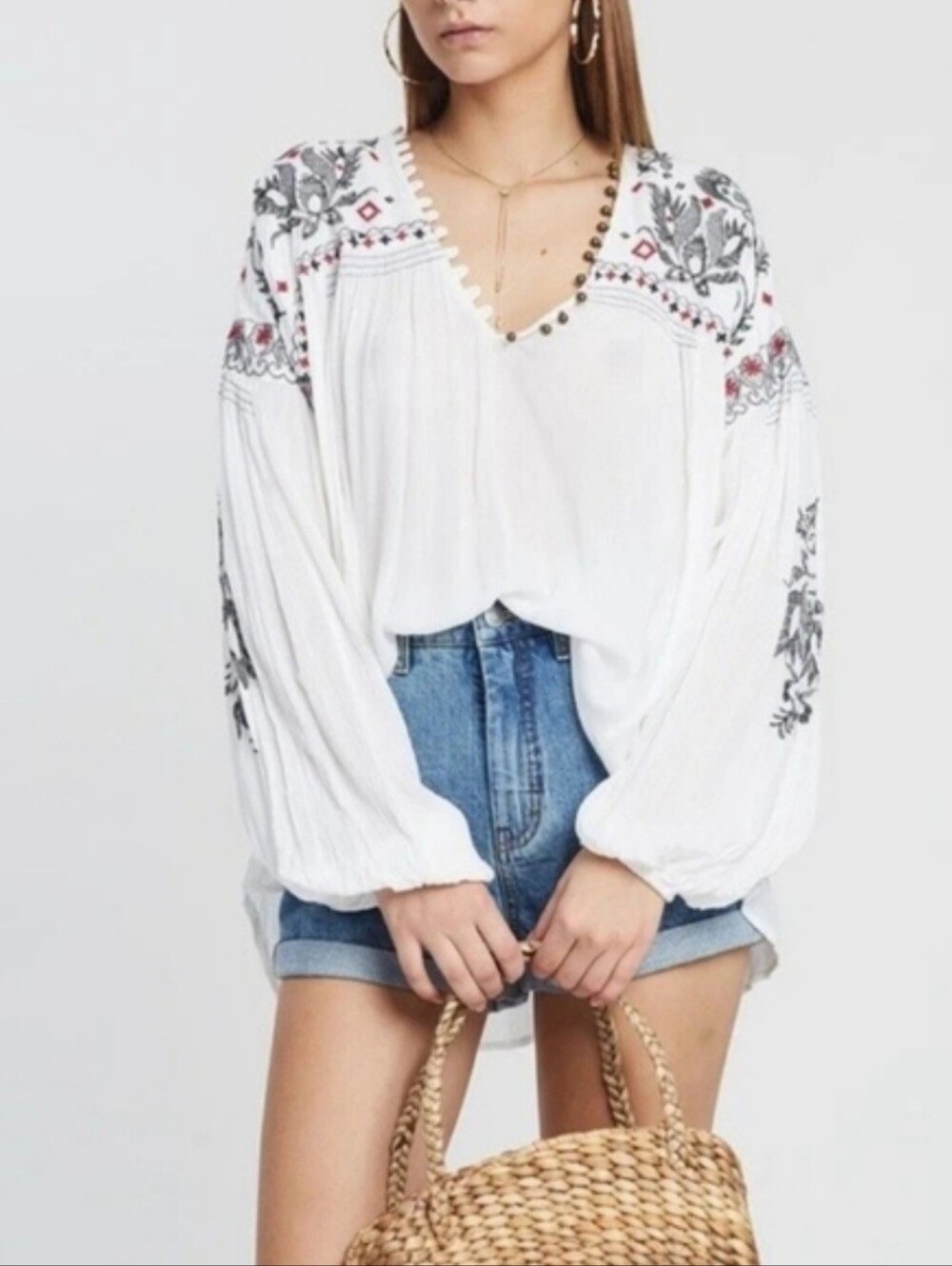 Free People Women's Rock Tonight Floral Embroidered Blouse SZ XS